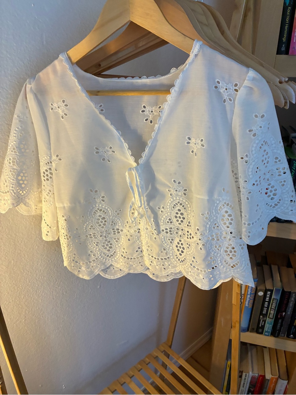 Amazon White Eyelet Tie-Front Crop Blouse